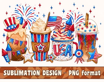 Design de sublimação para café com leite de 4 de julho PNG | Camiseta desenhada à mão para o Dia da Independência | Camiseta americana para amantes de café | Design patriótico dos EUA