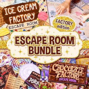 Może przedstawiać: Kolaż obrazów przedstawiających gry typu escape room o tematyce fabryk lodów i czekolady. Tekst "Escape Room Bundle" jest wyraźnie widoczny na brązowym banerze z złotymi błyskotkami.