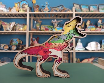 3D Wooden Tyrannosaurus Rex: Engraved Layered Dinosaur Scene