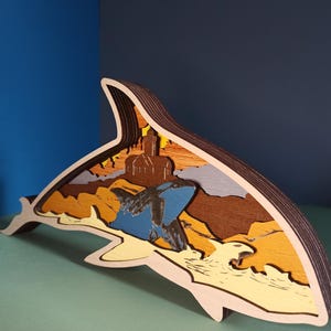 3D Wooden Orca Scene: Engraved Multilayer Wood Decoration