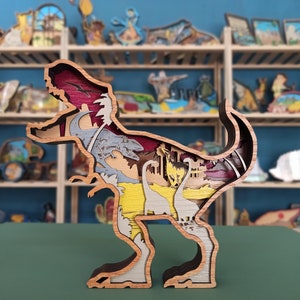 Wooden Dinosaur Decor, Wooden Tyrannosaurus Rex Scene, Dinosaur Toys For Child, Carving 3D Desktop Ornament, Multilayer Engraved Wood Decor