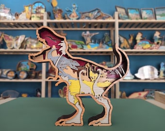 Engraved Wooden Dinosaur Scene: 3D T-Rex Desk Decor