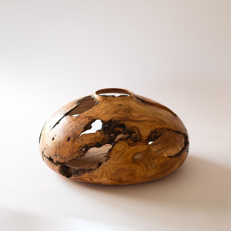 Olive wood art vase, wide body and small opening, statement home decor.