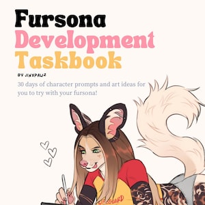 Może przedstawiać: Cyfrowa ilustracja futrzanej postaci w czerwono-żółtej koszulce ratownika, rysującej na tablecie. Obraz zawiera tekst "Fursona Development Taskbook" oraz "30 dni podpowiedzi dotyczących postaci i pomysłów artystycznych dla twojej fursony!"