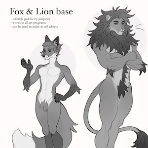 Może przedstawiać: Czarno-biała ilustracja bazy lisa i lwa. Lis stoi z uniesioną jedną ręką. Lew stoi ze skrzyżowanymi ramionami. Tekst na obrazku brzmi "Fox & Lion base" i "Base by jinxpawz".