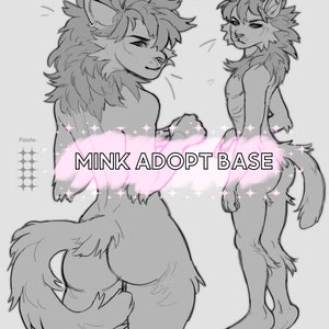 Puede incluir: Un dibujo digital de línea de un personaje de visón en dos poses. El personaje tiene una cola esponjosa y una melena larga y espesa. El texto "MINK ADOPT BASE" está escrito en letras rosas sobre la imagen.