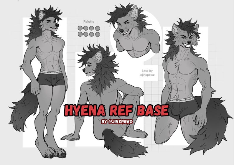 Op de afbeelding: Een grijswaarden illustratie van een hyena-achtig personage in verschillende poses. Het personage heeft een gespierde bouw, donkere vacht en draagt donker ondergoed. Tekst op de afbeelding luidt "HYENA REF BASE" en "@jinxpawz".