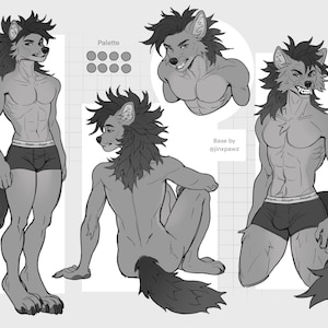 Op de afbeelding: Zwart-wit illustratie van een furry karakter in verschillende poses. Het karakter, met een wolfachtig uiterlijk, is gespierd en draagt donker ondergoed. De afbeelding bevat een kleurenpalet en de tekst "Base by @jinxpawz."