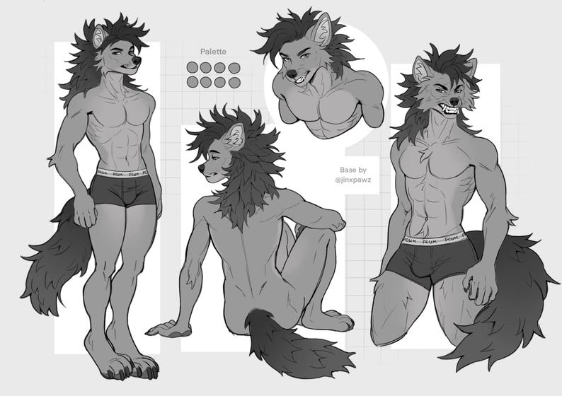 Op de afbeelding: Zwart-wit illustratie van een furry karakter in verschillende poses. Het karakter, met een wolfachtig uiterlijk, is gespierd en draagt donker ondergoed. De afbeelding bevat een kleurenpalet en de tekst "Base by @jinxpawz."