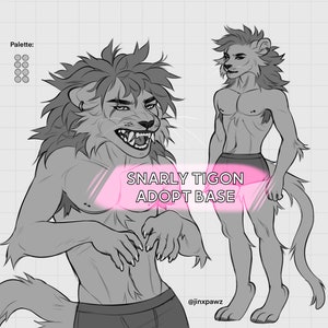 May include: A black and white line art drawing of a snarling tigon, a hybrid of a tiger and a lion, with a human-like body. The drawing is labeled "Snarly Tigon Adopt Base" and includes a color palette.