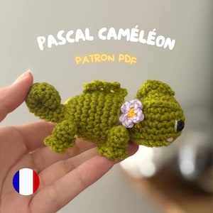 Peut inclure: Un caméléon au crochet vert fait à la main avec une petite fleur violette et jaune. Le texte "PASCAL CAMÉLÉON PATRON PDF" est au-dessus du caméléon. Le drapeau français est dans le coin inférieur gauche.
