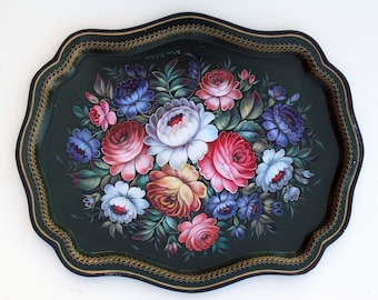 One of a Kind Authentic Zhostovo Metal Tray Hand-Painted by Tatiana Sholohova 18 x 15"