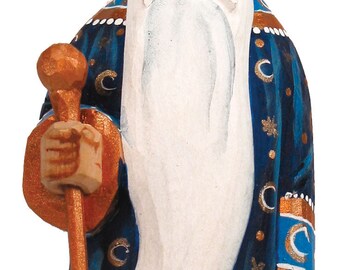 One of a Kind Wizard in Blue Wood Carved Ornament 5" by G. DeBrekht