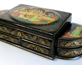 One of a Kind 'Palekh" Lacquered Miniature Jewelry Box Hand Painted Décor 16x6.5x4.5" by G.DeBrekht