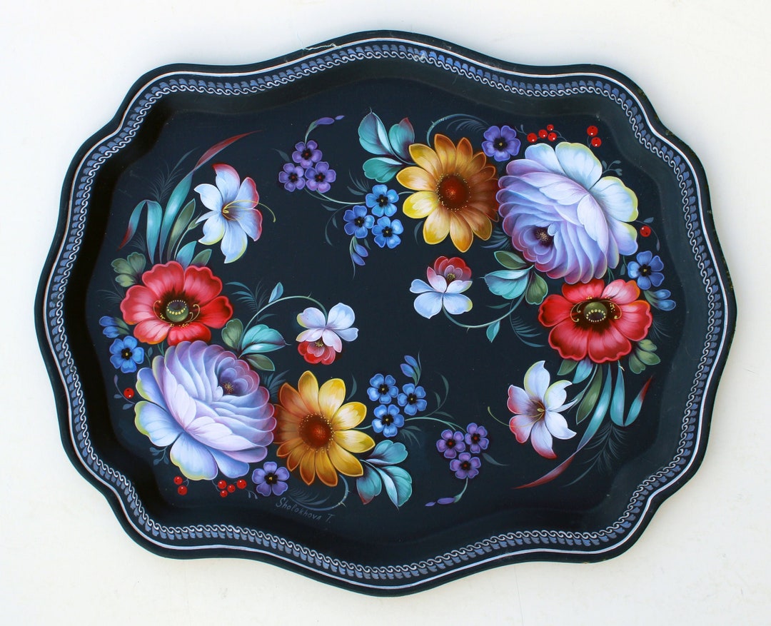 One of a Kind Authentic Zhostovo Metal Tray Handpainted by Tatiana