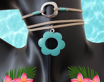 Enchanting Blooms:  Leather, Metal Adornments & Turquoise Wooden Flower Choker Necklace Set