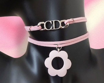 Customizable Logo Letter CD Necklace and Pink Floral Choker Set - Handmade Jewelry