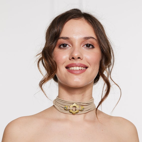 Metallic Gold Floral Choker: Hand-Painted Wooden Flower, Evil Eye Bead