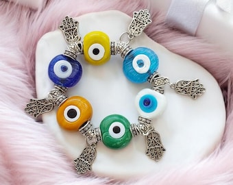 Handmade Multicolor Evil Eye Bracelet: Turkish Hamsa Hand Charm