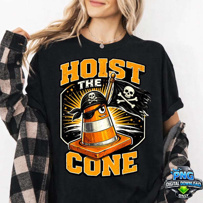 May include: Black t-shirt with a graphic of an orange traffic cone wearing an eye patch and bandana, holding a pirate flag with a skull and crossbones. The text "HOIST THE CONE" is in orange.