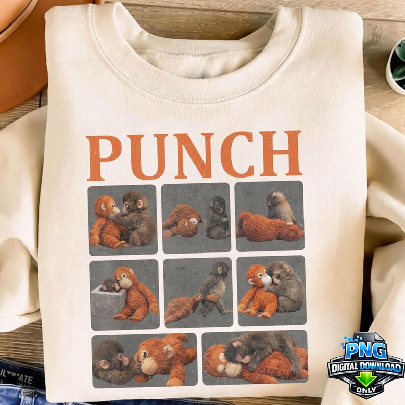 May include: Cream-colored sweatshirt with the word "PUNCH" in orange letters. Below the word are nine gray squares, each containing a different illustration of monkeys. The illustrations are in shades of brown and orange.
