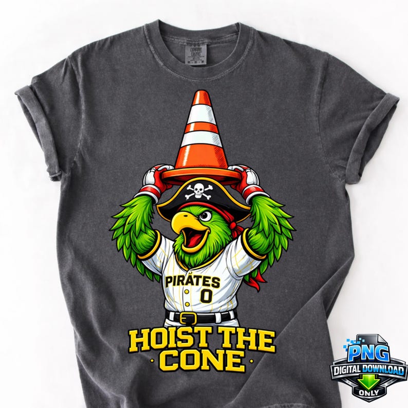 May include: Dark gray t-shirt featuring a cartoon parrot wearing a pirate hat and a traffic cone. The parrot is wearing a baseball jersey with the word "Pirates" and the number "0". The text "HOIST THE CONE" is printed below the parrot.