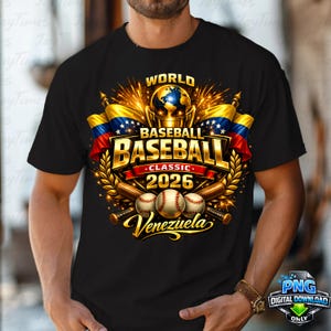 Könnte beinhalten: Schwarzes T-Shirt mit goldenem Design für die World Baseball Classic 2026 in Venezuela. Das Design umfasst Basebälle, Schläger, Flaggen und den Text "World Baseball Classic 2026 Venezuela".