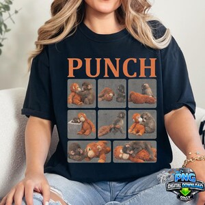 May include: Black t-shirt with the word "PUNCH" in orange block letters. The shirt features a grid of nine squares, each with a different image of a monkey or ape. The images are in shades of brown and gray.