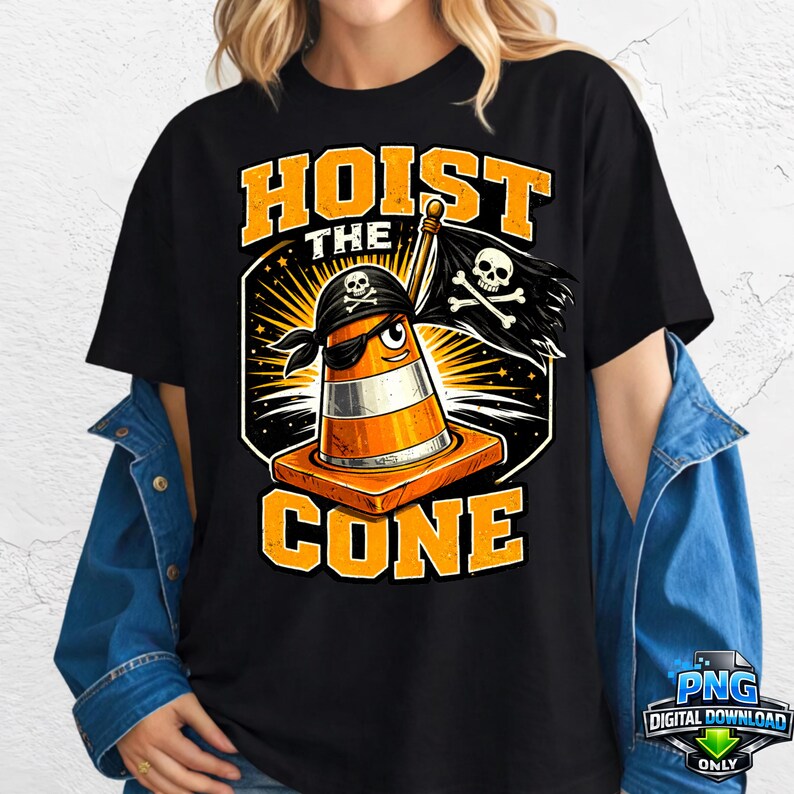 May include: Black t-shirt with a graphic of an orange and white traffic cone wearing an eye patch and bandana, holding a pirate flag. The text "HOIST THE CONE" is in orange.