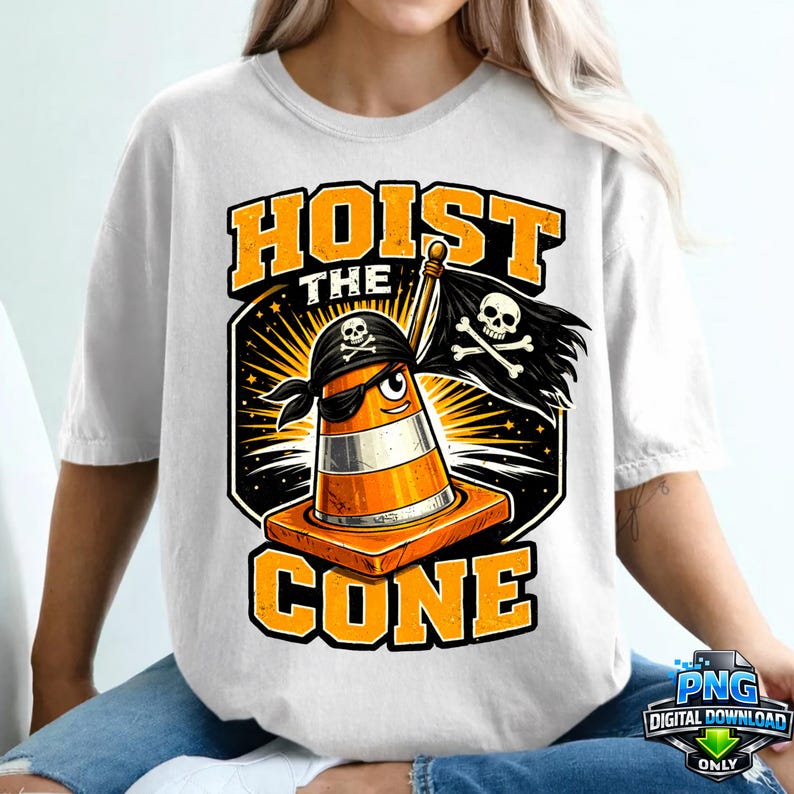 May include: White t-shirt featuring a cartoon traffic cone pirate with a black bandana and eye patch. The cone holds a pirate flag with a skull and crossbones. The text "HOIST THE CONE" is in orange and black.
