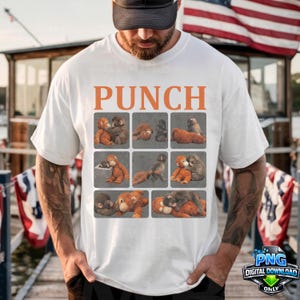 May include: White t-shirt with the word "PUNCH" in orange block letters. The shirt features a grid of nine squares, each containing a different illustration of cartoon monkeys in various poses. The illustrations are in shades of brown and gray.