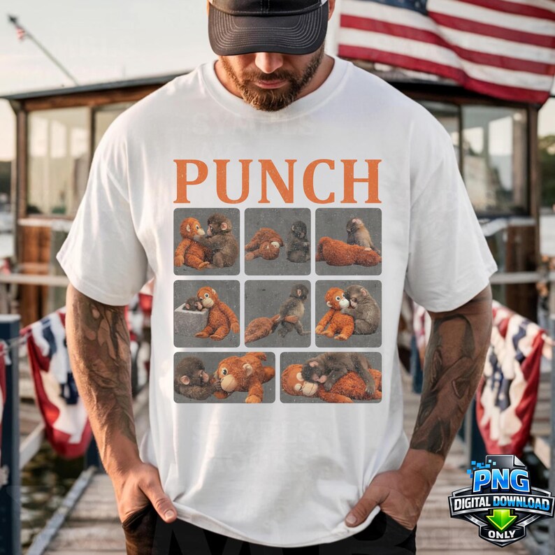 May include: White t-shirt with the word "PUNCH" in orange block letters. The shirt features a grid of nine squares, each containing a different illustration of cartoon monkeys in various poses. The illustrations are in shades of brown and gray.