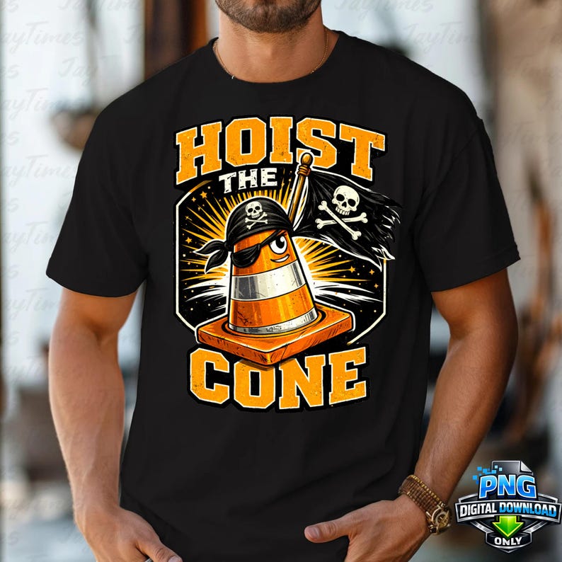 May include: Black t-shirt with a graphic of an orange and white traffic cone wearing a pirate bandana and eye patch, holding a pirate flag. The text "HOIST THE CONE" is in orange.