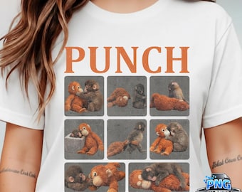 May include: White t-shirt with the word "PUNCH" in orange block letters above a grid of nine squares. Each square contains a different image of a plush monkey. The monkeys are in various poses, some hugging and some wrestling.