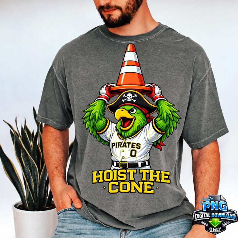 May include: Gray t-shirt featuring a cartoon parrot wearing a pirate hat and a baseball jersey with the text "Pirates 0". The parrot is holding an orange traffic cone. The text "HOIST THE CONE" is below the parrot.