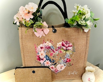 Stunning Large Burlap Tote Bag with matching bag charm  & purse