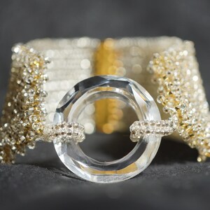 Beaded Carpet Bracelet: Silver White, Crystal Donut, Gold Clasp