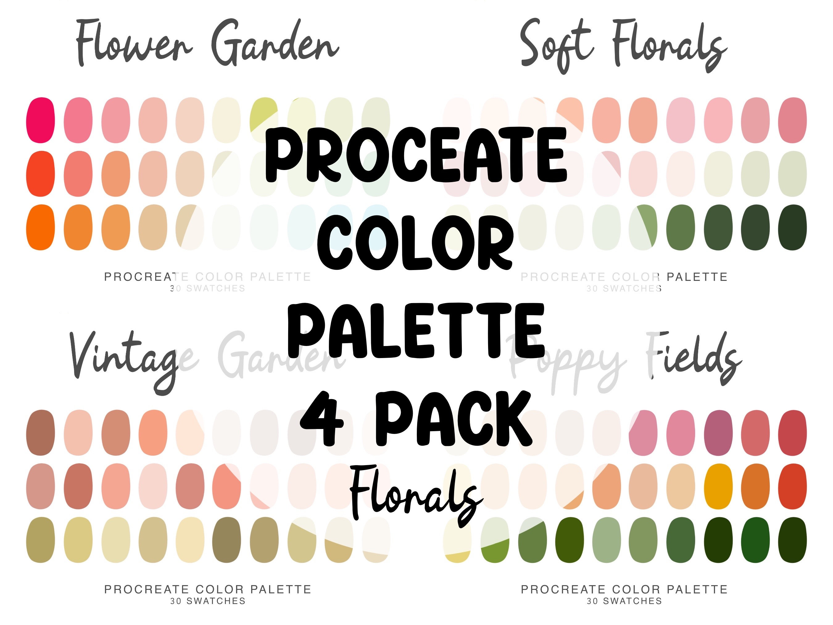Pacote de paletas de cores pastel florais para Procreate (4 conjuntos, 120 amostras) no iPad