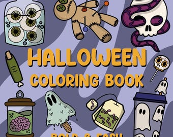 Puede incluir: Una portada de libro para colorear con temática de Halloween con varias ilustraciones espeluznantes. El diseño incluye una muñeca vudú, una calavera con una serpiente morada y un tarro de ojos. El texto "HALLOWEEN COLORING BOOK" se muestra.
