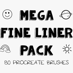 Op de afbeelding: Zwart-witte illustratie van een set van 80 Procreate-penselen voor fijn lijntekenen. De tekst "MEGA FINE LINER PACK" staat in een vetgedrukte, cartoonachtige lettertype. De afbeelding bevat verschillende pictogrammen, zoals een smiley, een regenboog, een zon en een planeet.