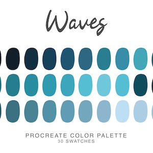 Puede incluir: Una paleta de colores de 30 tonos de azul, que van desde el azul marino oscuro hasta el azul cielo claro, dispuestos en tres filas de diez. La paleta se titula "Waves" y está etiquetada como "Procreate Color Palette 30 Swatches".