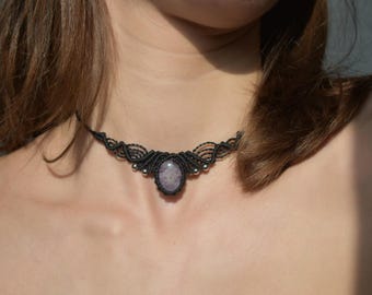 "Angel's Breath" Macramé Choker with Amethyst and Silver-Plated Steel | Inspired Necklace | Gift from Greece | Boho Choker