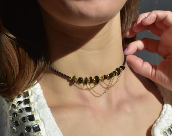Natural obsidian macramé necklace, ethereal pattern - Obsidian choker necklace handmade