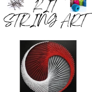 May include: String art kit with nails and colorful spools of thread. The image features a completed string art design in red and white, with the words "Kit String Art" in a handwritten font.