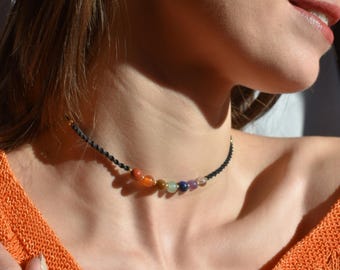 7 Chakra Macramé Choker – Minimal Necklace with Natural Stones – Handmade Elegant Adjustable Necklace 13–15 in
