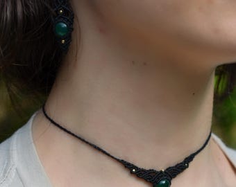 TerraLuce Macrame Jewelry Set with Green Agate, Elegant Boho Necklace and Earrings, Nickel-Free Gold-Plated Stainless Steel, Handcrafted Jewelry