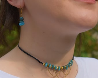 "Echoes of the Sea" Set – Handcrafted Parure with Apatite, Macramé, and Gold Details