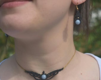 Angelite Macramé Jewelry Set | Elegant Boho Necklace and Earrings | Hypoallergenic, Nickel-Free, Gold-Plated Stainless Steel | Handcrafted Jewelry