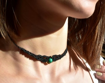 ECLISSIA black macramé choker with malachite / handmade necklace made in Italy