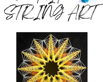 May include: String art kit featuring a geometric starburst design in yellow and white thread on a black background. The image includes nails, spools of colorful thread, and the words "KIT STRING ART".